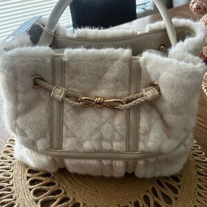 Plush Cream Faux-Fur Tote with Braided Gold Accent
